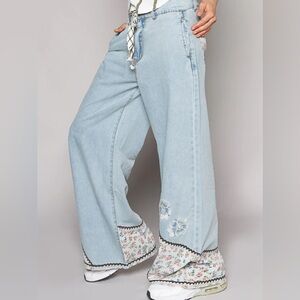 POL Light Blue Wide Leg Pants with Floral Trim